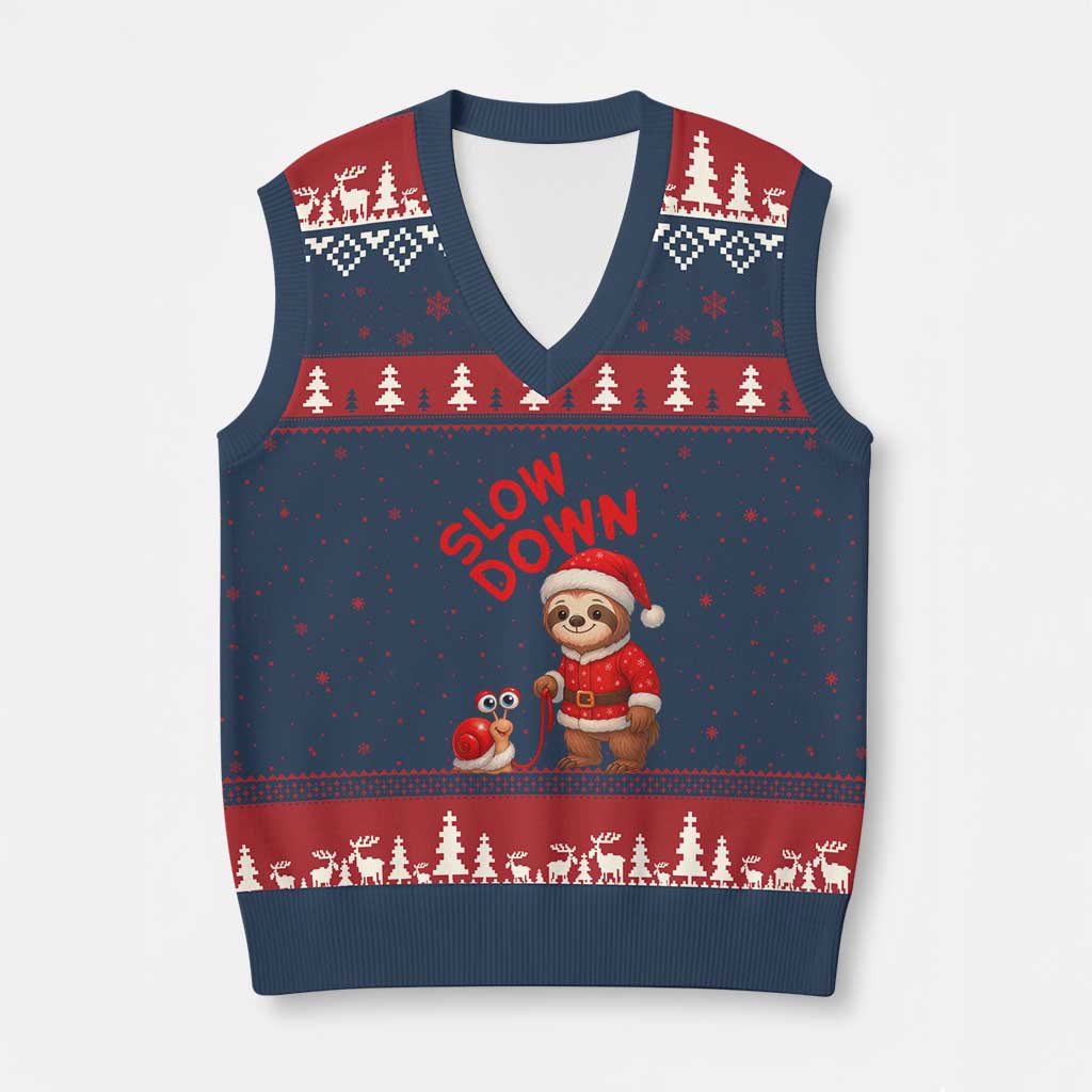 Funny Sloth Snail Xmas V-Neck Knit Sweater Vest Slow Down Xmas - Wonder Print Shop