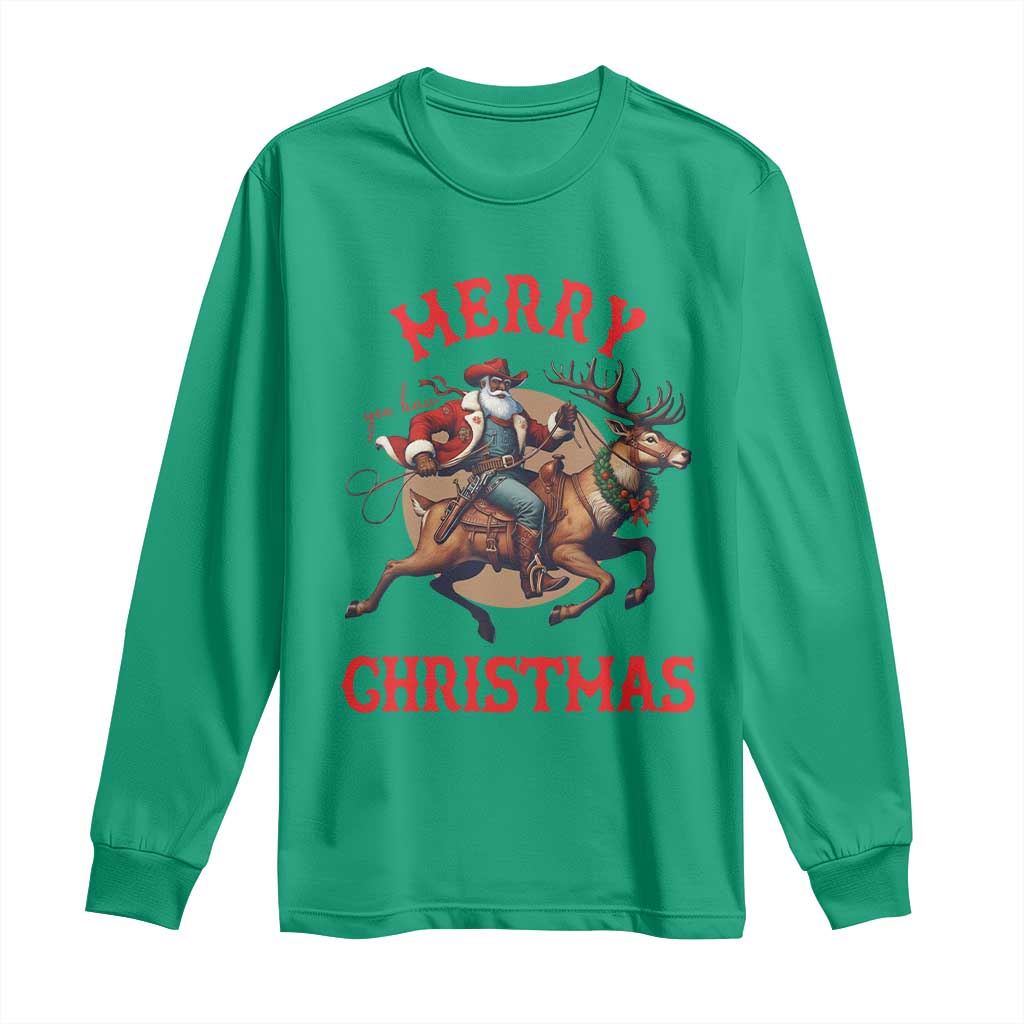 Black Santa Claus Long Sleeve Shirt African American Cowboy Christmas - Wonder Print Shop