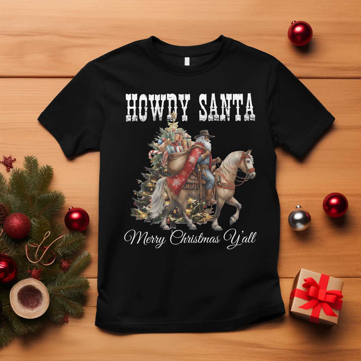Black Santa Christmas T Shirt African American Western Cowboy - Wonder Print Shop