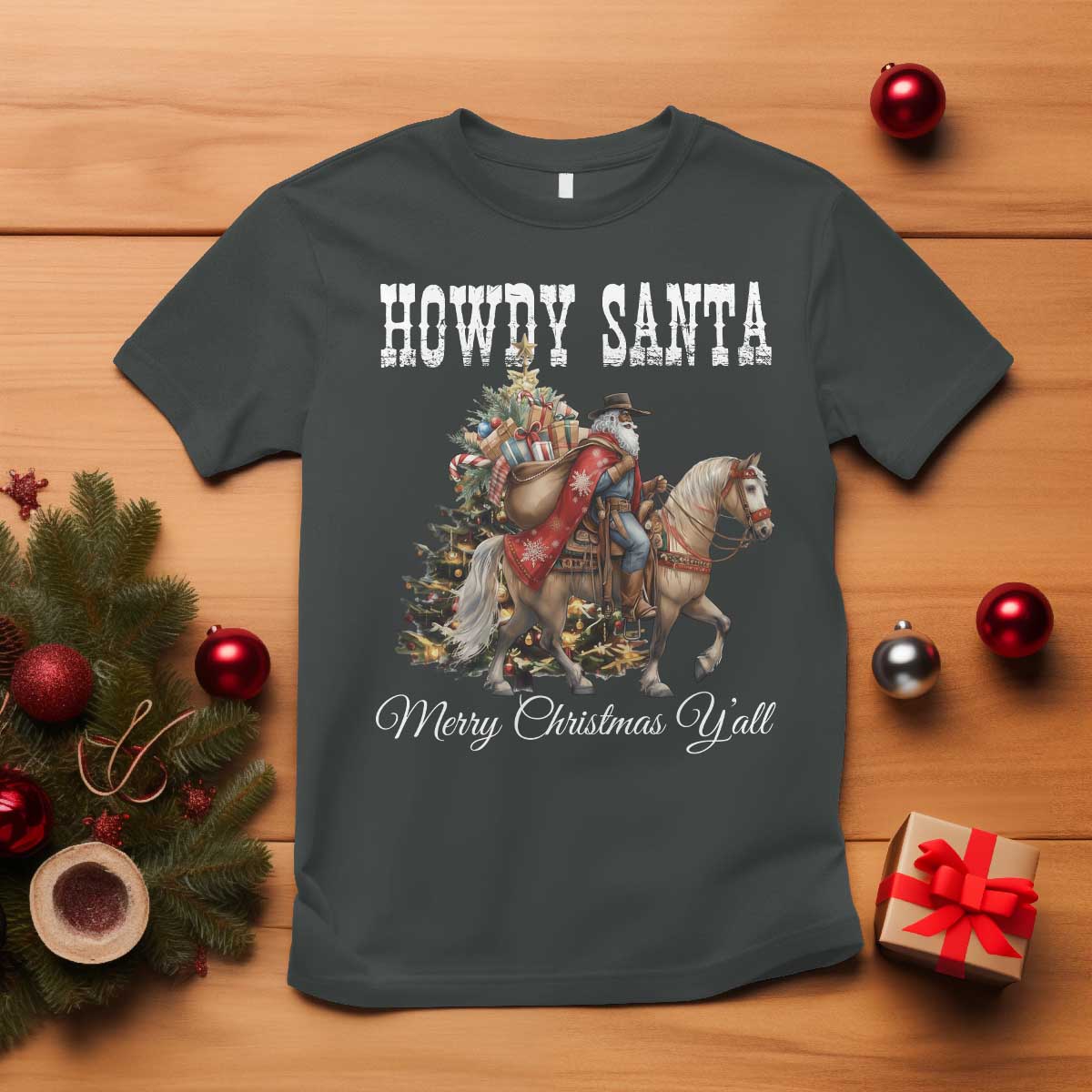 Black Santa Christmas T Shirt African American Western Cowboy - Wonder Print Shop