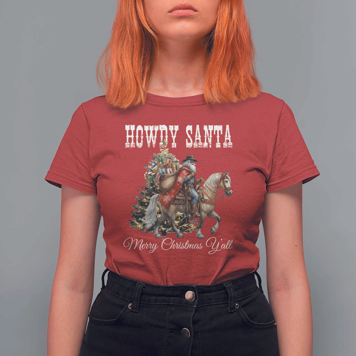 Black Santa Christmas T Shirt For Women African American Western Cowboy - Wonder Print Shop