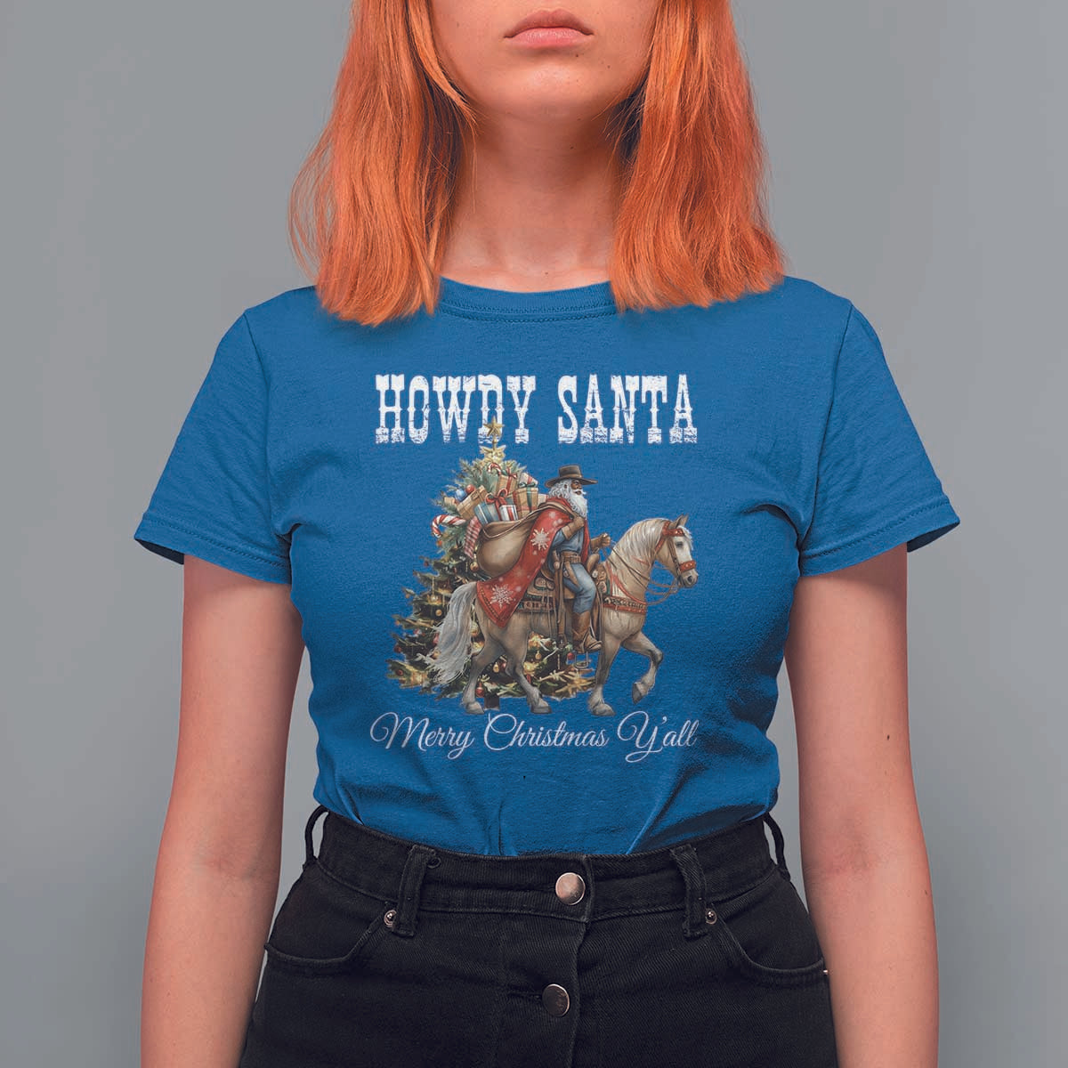 Black Santa Christmas T Shirt For Women African American Western Cowboy - Wonder Print Shop