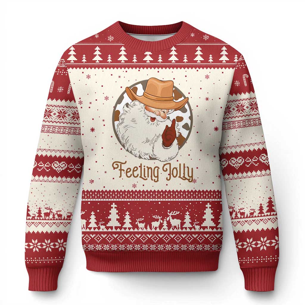 Black Cowboy Santa Xmas Ugly Christmas Sweater Feeling Jolly - Wonder Print Shop