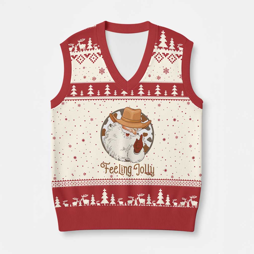 Black Cowboy Santa Xmas V-Neck Knit Sweater Vest Feeling Jolly - Wonder Print Shop