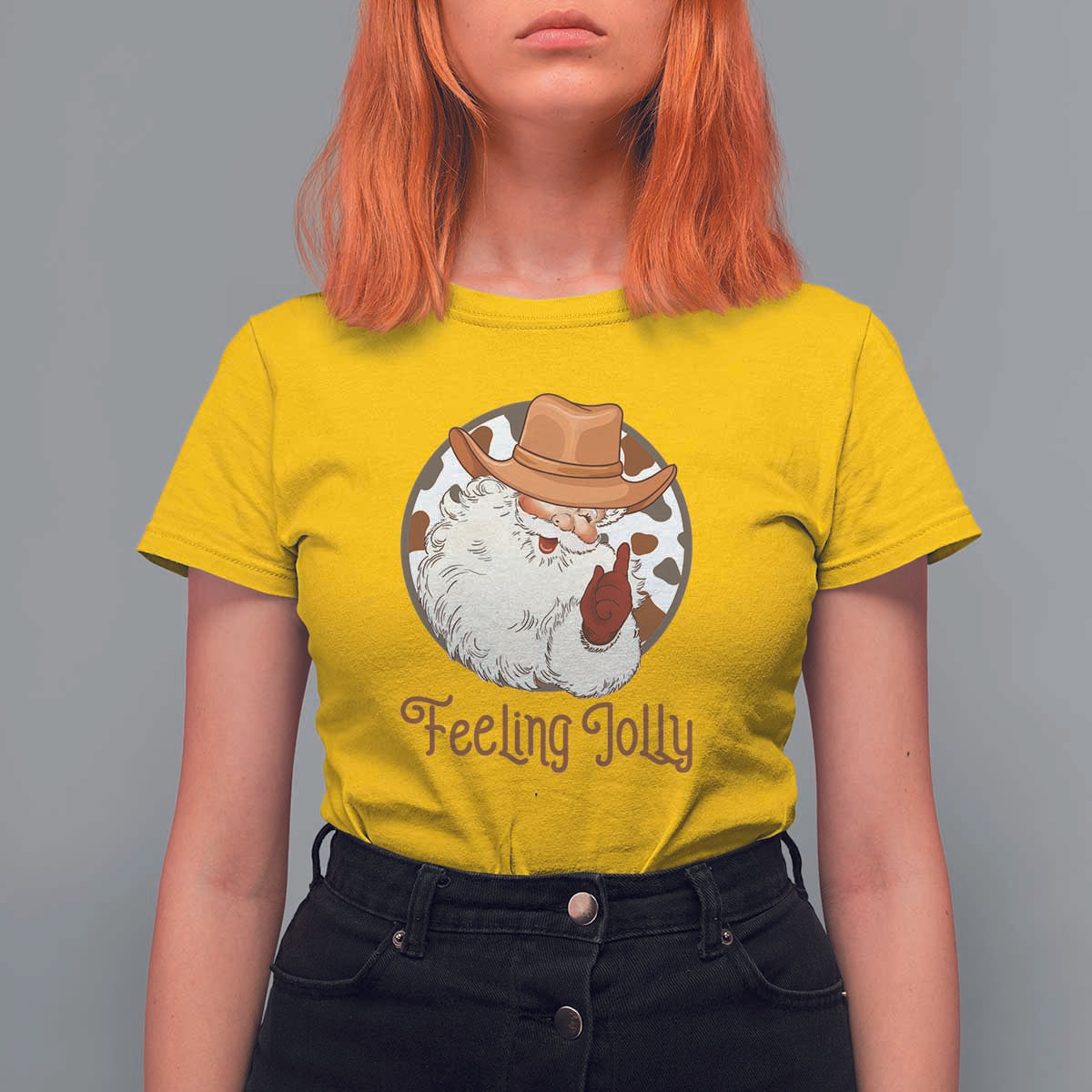 Black Cowboy Santa Christmas T Shirt For Women Feeling Jolly - Wonder Print Shop