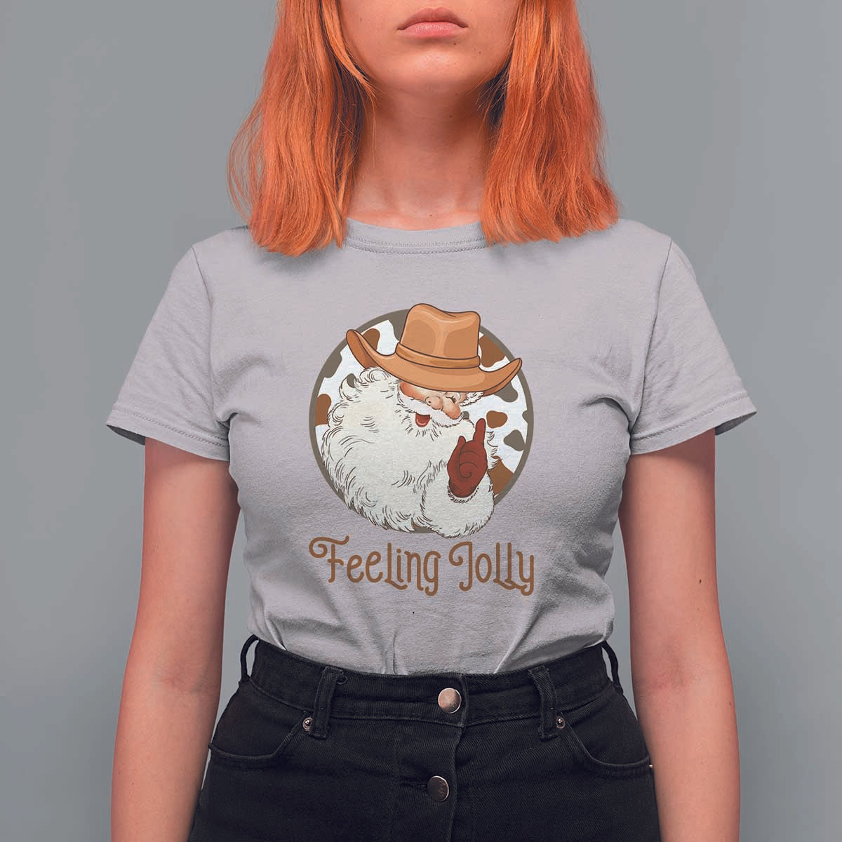Black Cowboy Santa Christmas T Shirt For Women Feeling Jolly - Wonder Print Shop
