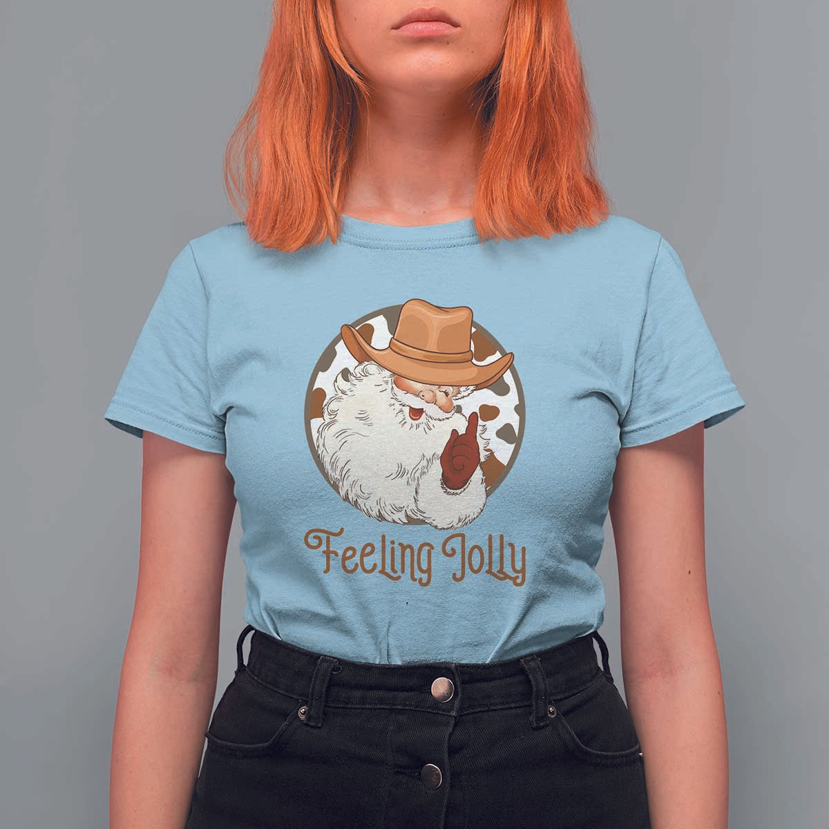 Black Cowboy Santa Christmas T Shirt For Women Feeling Jolly - Wonder Print Shop