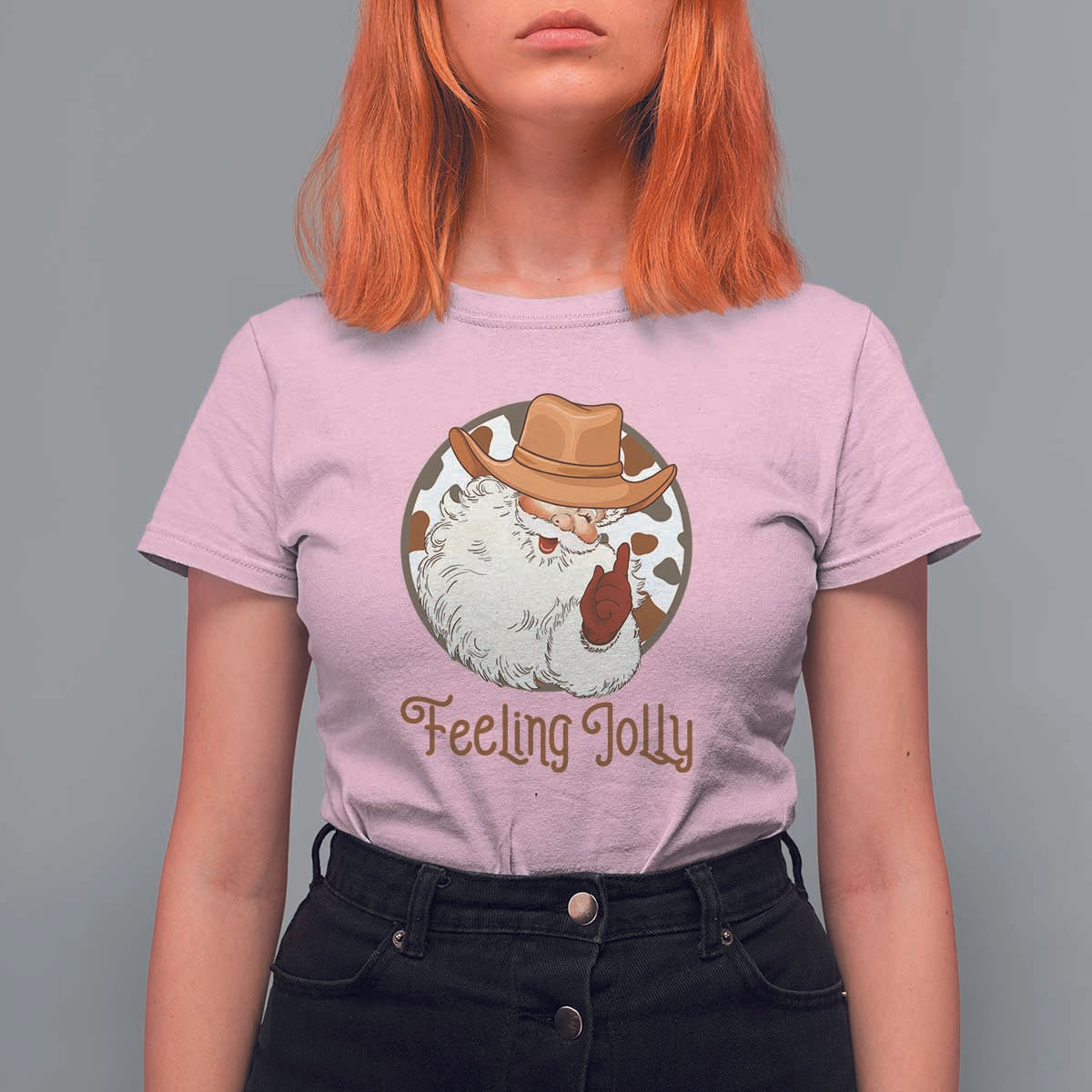Black Cowboy Santa Christmas T Shirt For Women Feeling Jolly - Wonder Print Shop