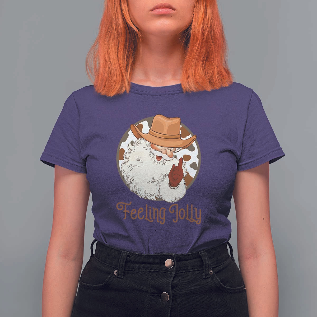 Black Cowboy Santa Christmas T Shirt For Women Feeling Jolly - Wonder Print Shop