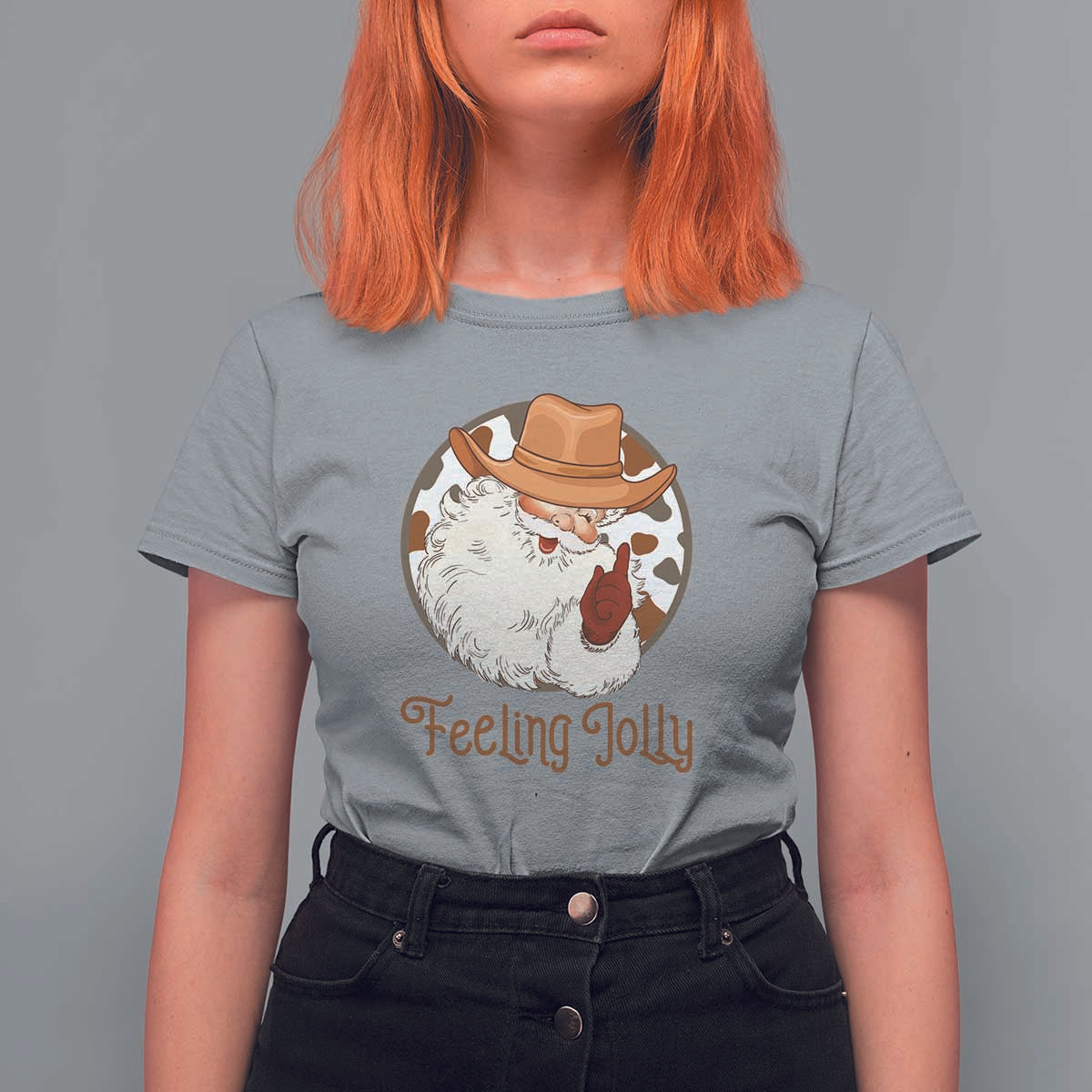 Black Cowboy Santa Christmas T Shirt For Women Feeling Jolly - Wonder Print Shop