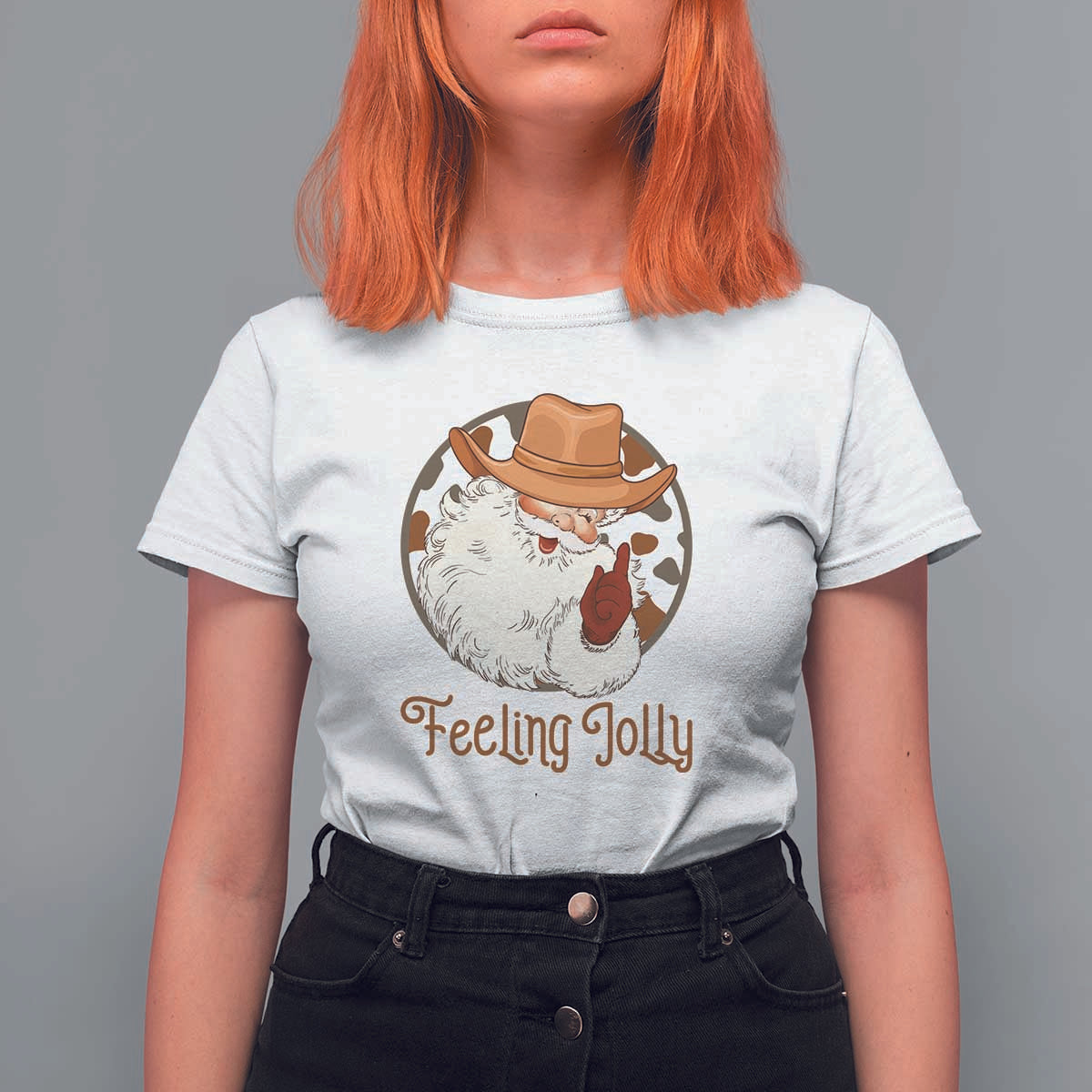 Black Cowboy Santa Christmas T Shirt For Women Feeling Jolly - Wonder Print Shop