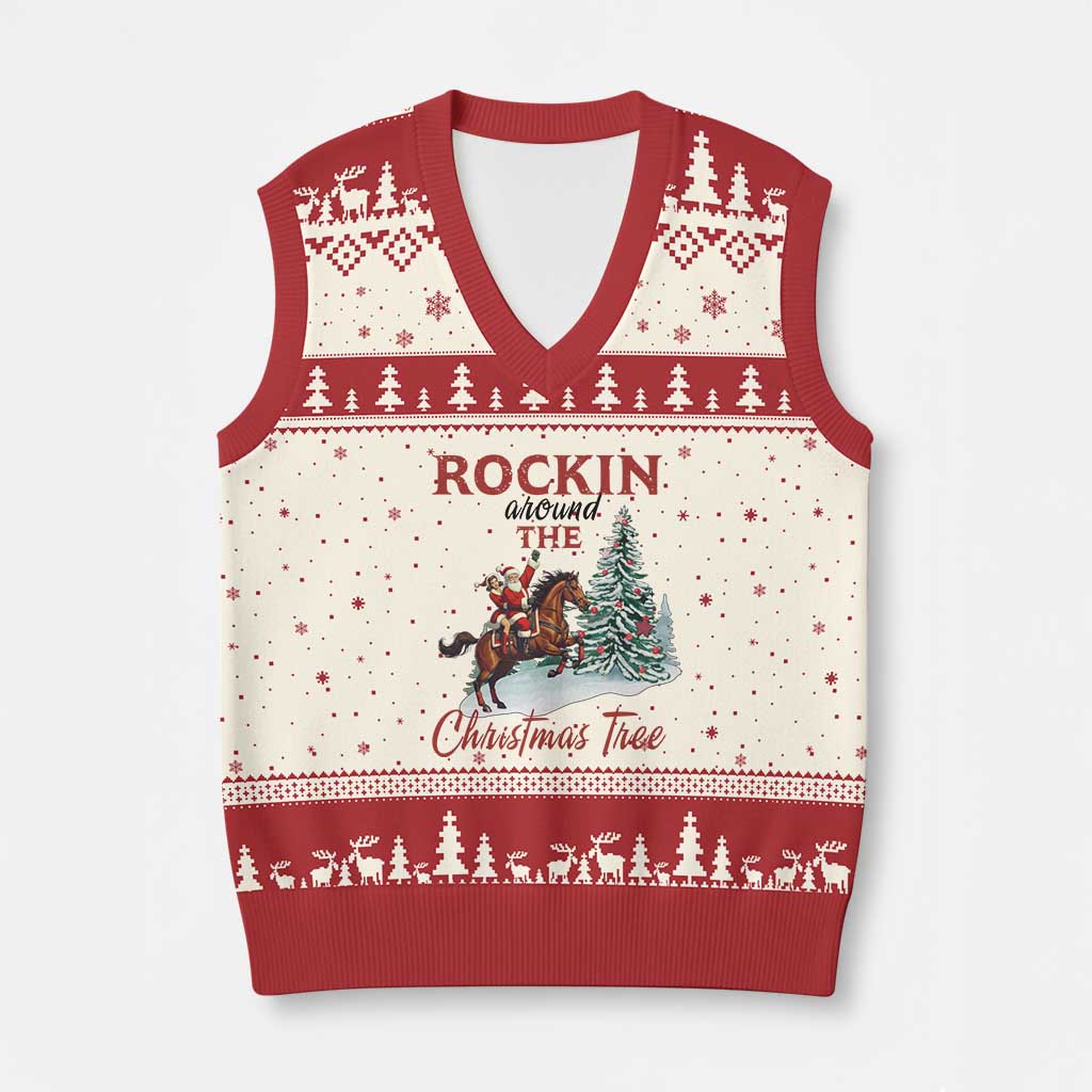 Cowboy Santa Western Xmas V-Neck Knit Sweater Vest Rockin Around The Xmas Tree - Wonder Print Shop