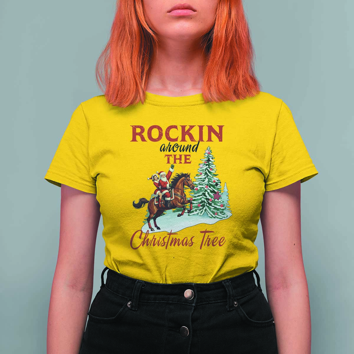 Cowboy Santa Western Christmas T Shirt For Women Rockin Around The Xmas Tree - Wonder Print Shop