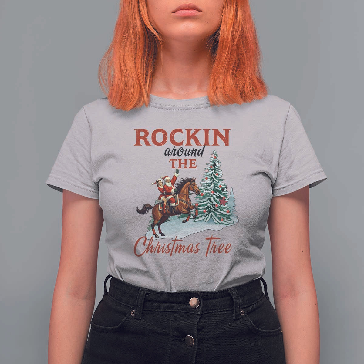 Cowboy Santa Western Christmas T Shirt For Women Rockin Around The Xmas Tree - Wonder Print Shop
