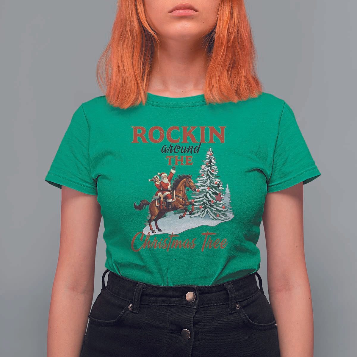 Cowboy Santa Western Christmas T Shirt For Women Rockin Around The Xmas Tree - Wonder Print Shop