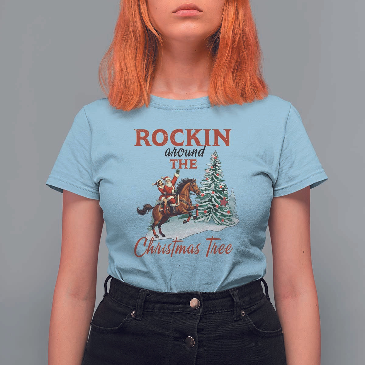 Cowboy Santa Western Christmas T Shirt For Women Rockin Around The Xmas Tree - Wonder Print Shop