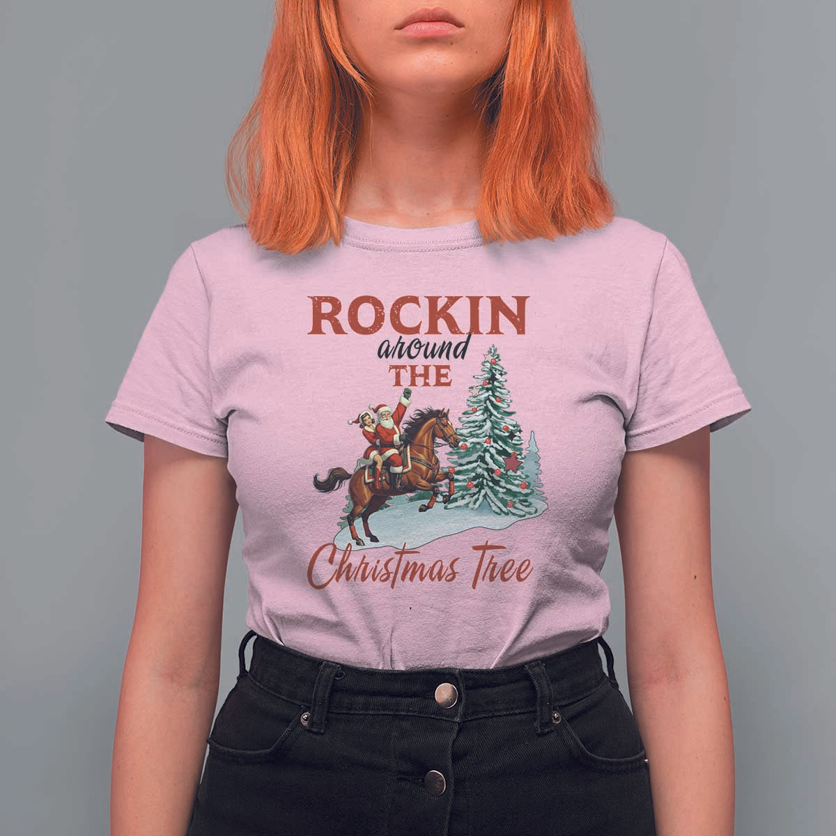 Cowboy Santa Western Christmas T Shirt For Women Rockin Around The Xmas Tree - Wonder Print Shop