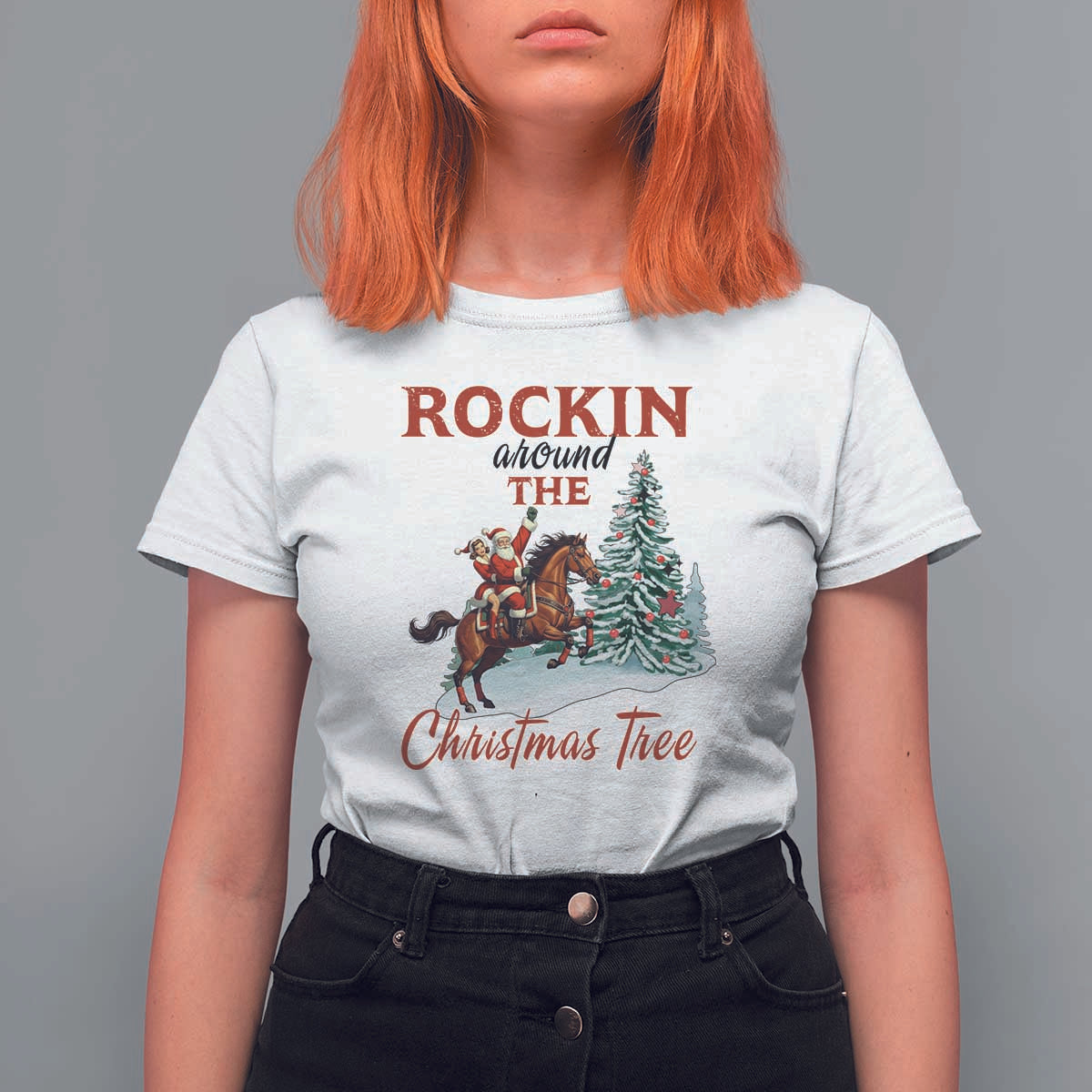 Cowboy Santa Western Christmas T Shirt For Women Rockin Around The Xmas Tree - Wonder Print Shop