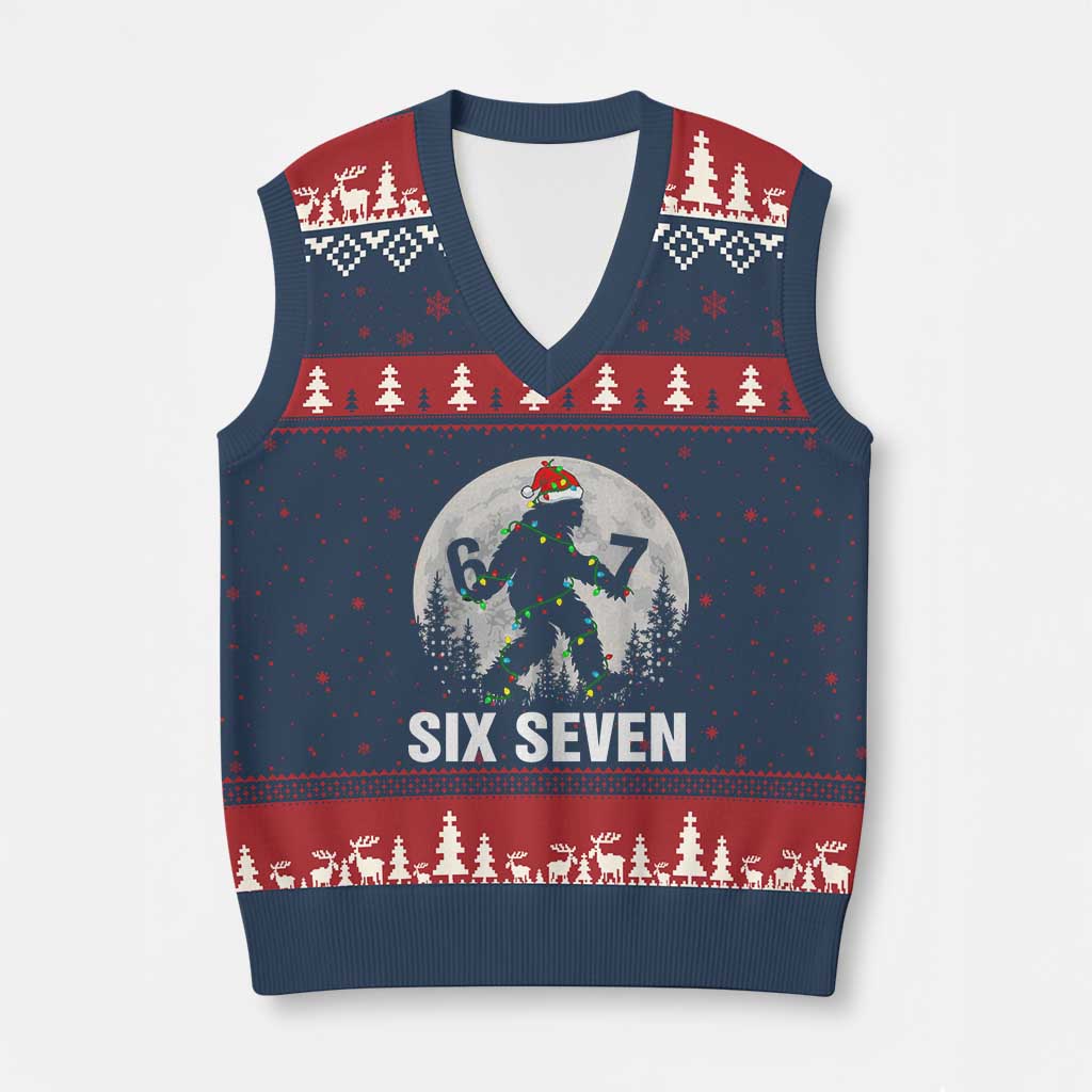 67 Six Seven V-Neck Knit Sweater Vest Funny Bigfoot Xmas Sasquatch Moon - Wonder Print Shop