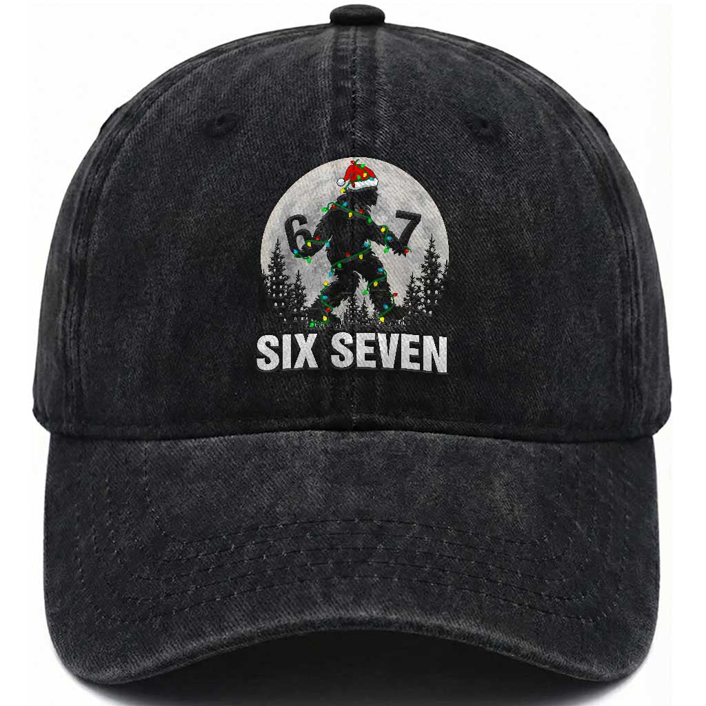 67 Six Seven Washed Cotton Baseball Cap Funny Bigfoot Christmas Sasquatch Moon