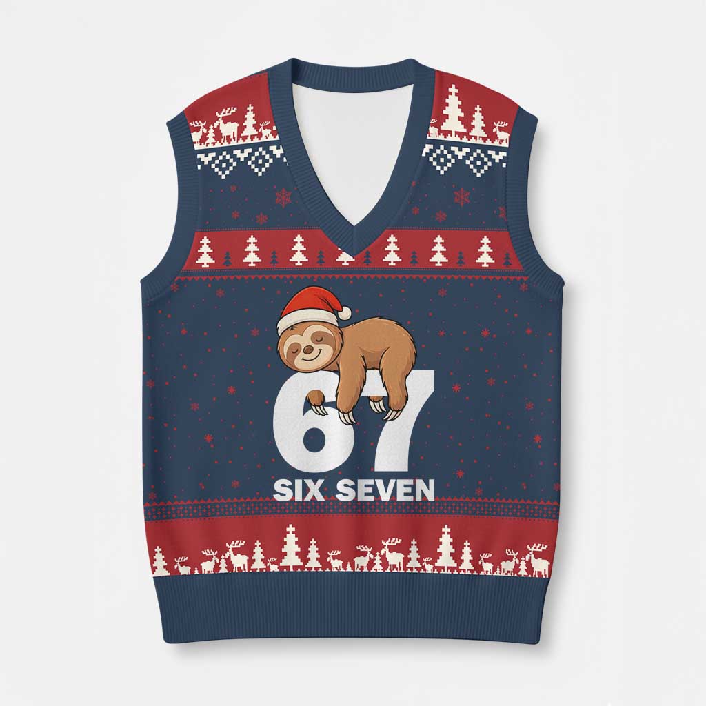 67 Six Seven V-Neck Knit Sweater Vest Funny Sloth Xmas - Wonder Print Shop