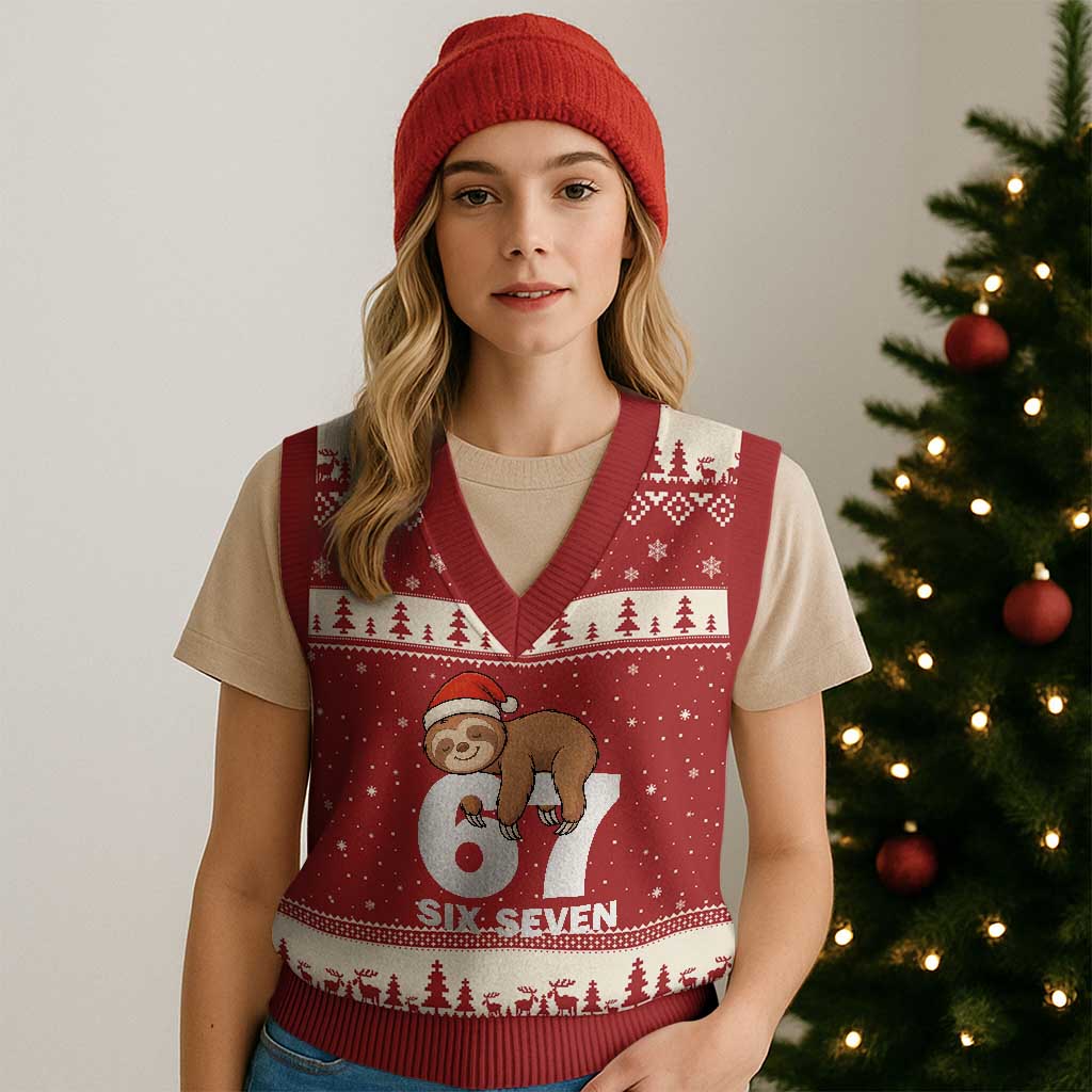 67 Six Seven V-Neck Knit Sweater Vest Funny Sloth Xmas - Wonder Print Shop