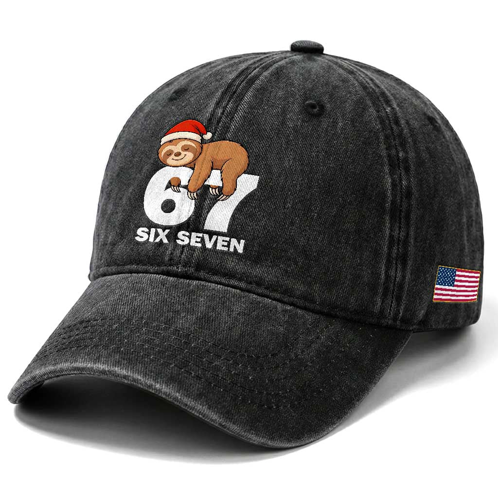 67 Six Seven Washed Cotton Baseball Cap Funny Sloth Christmas