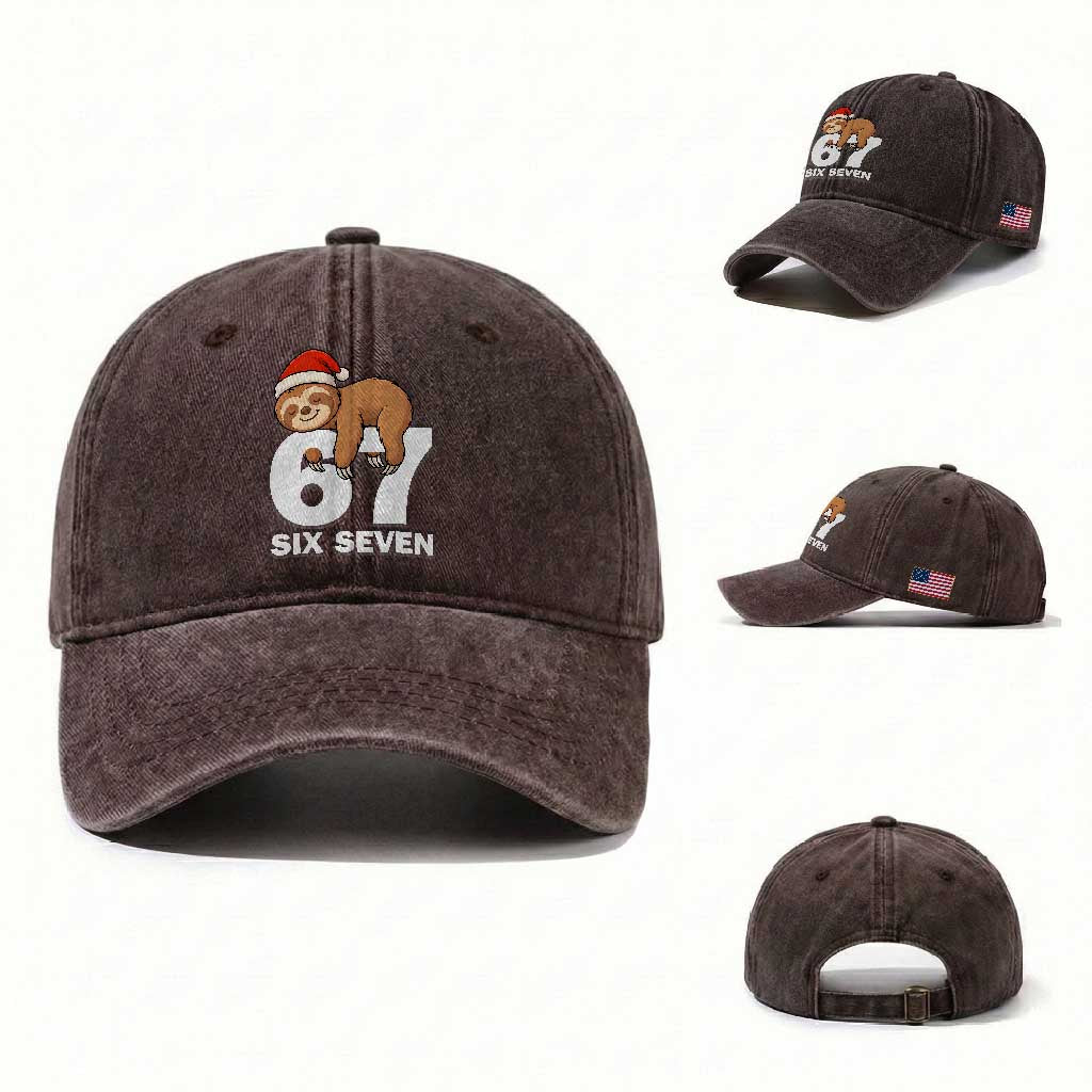 67 Six Seven Washed Cotton Baseball Cap Funny Sloth Christmas