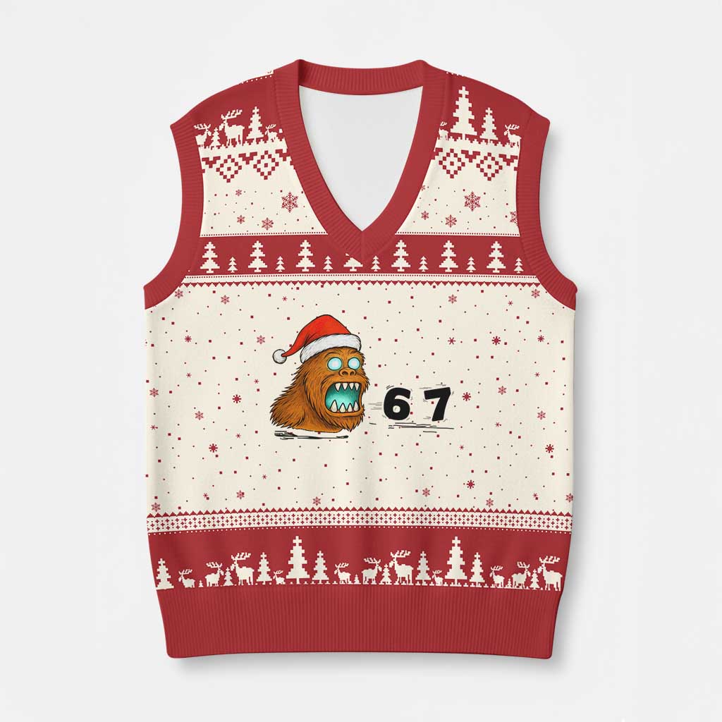 67 Six Seven V-Neck Knit Sweater Vest Funny Bigfoot Xmas - Wonder Print Shop