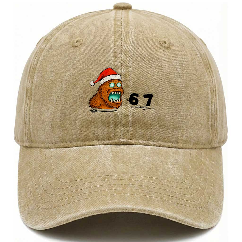 67 Six Seven Washed Cotton Baseball Cap Funny Bigfoot Christmas