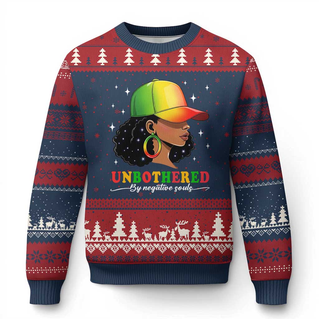 Afro African American Ugly Christmas Sweater Unbothered By Negative Souls Black Sassy Queen