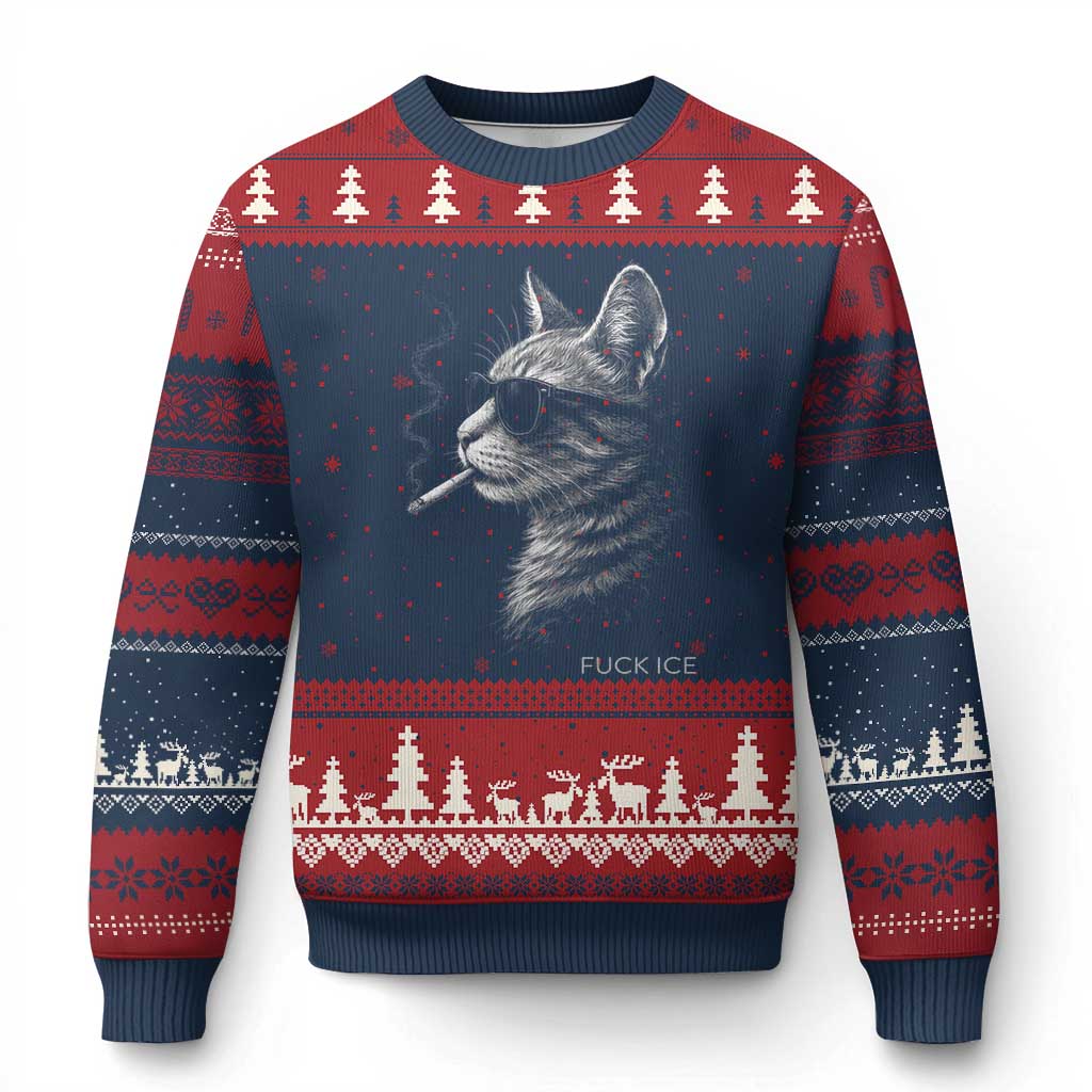 Fck Ice Ugly Christmas Sweater Funny Cat  Smoking Anti ICE Meme