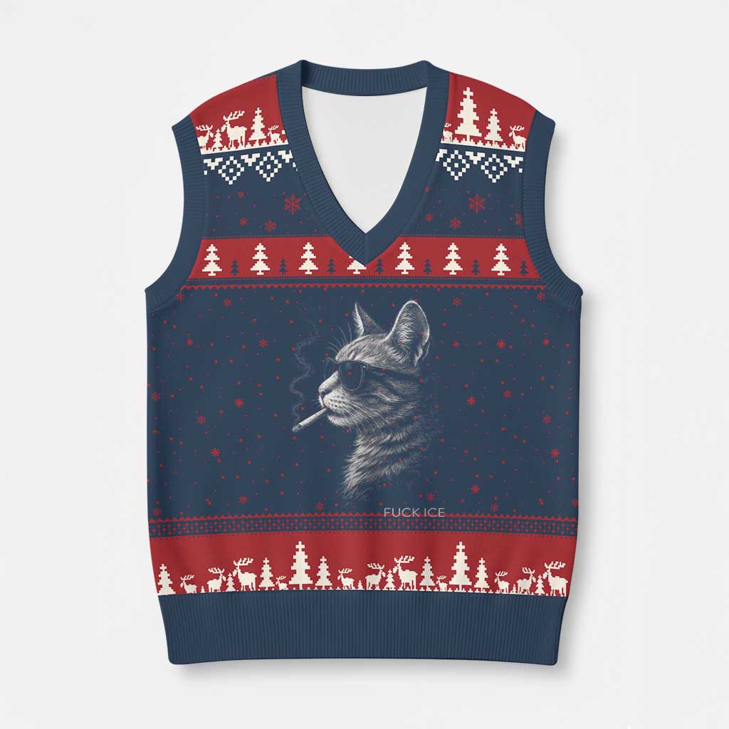 Fck Ice V-Neck Knit Sweater Vest Funny Cat  Smoking Anti ICE Meme