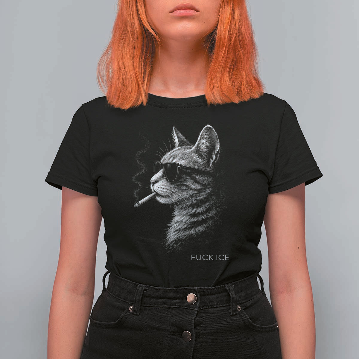 Fck Ice T Shirt For Women Funny Cat  Smoking Anti ICE Meme