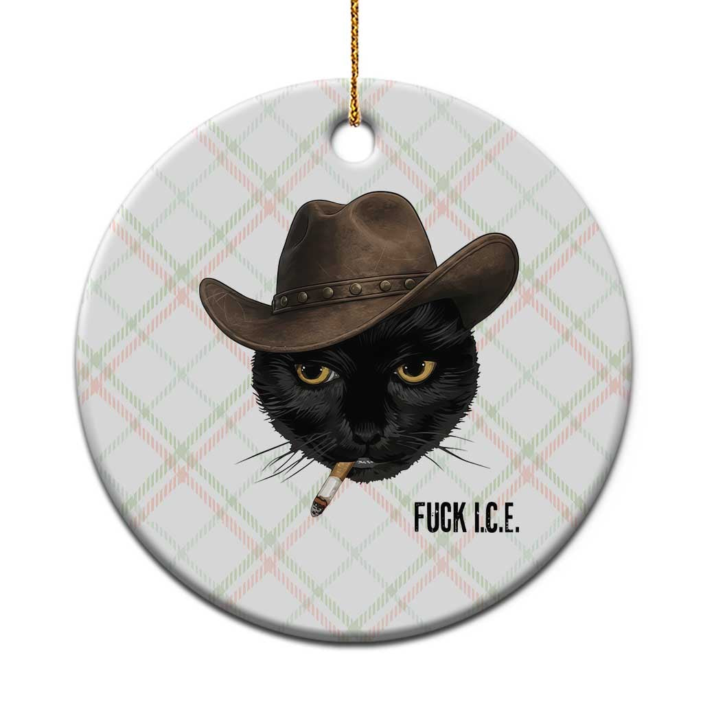 Funny Cowboy Cat Smoking Anti ICE Protest Meme Ceramic Ornament