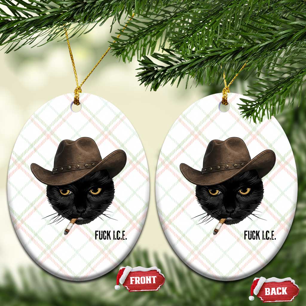 Funny Cowboy Cat Smoking Anti ICE Protest Meme Ceramic Ornament