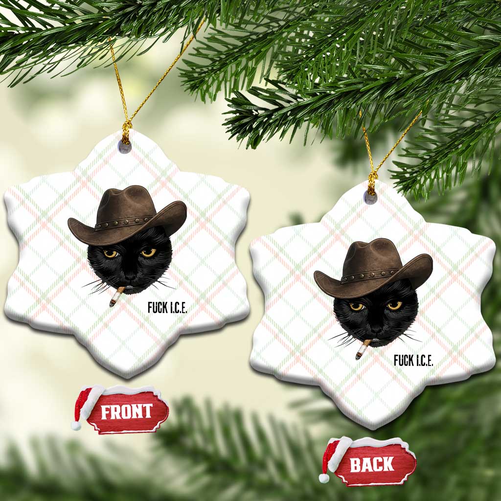 Funny Cowboy Cat Smoking Anti ICE Protest Meme Ceramic Ornament