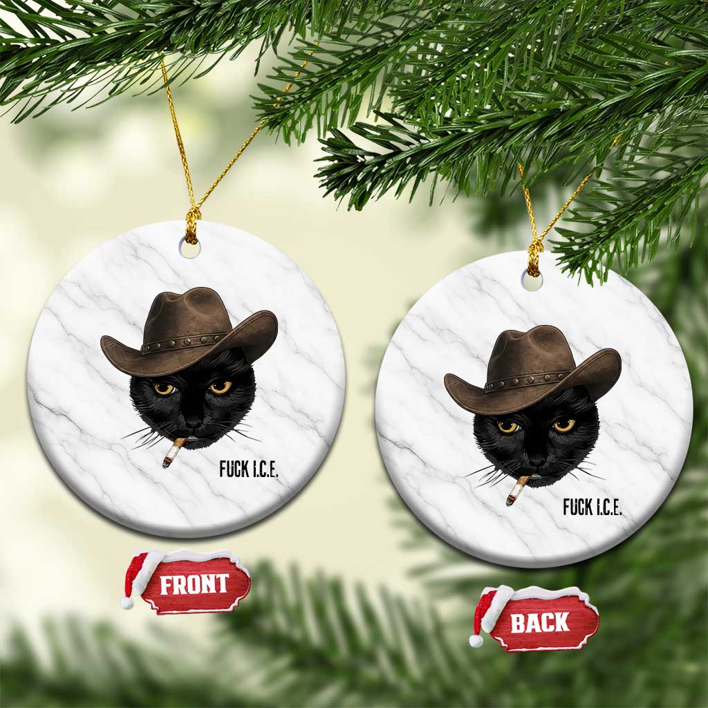 Funny Cowboy Cat Smoking Anti ICE Protest Meme Ceramic Ornament
