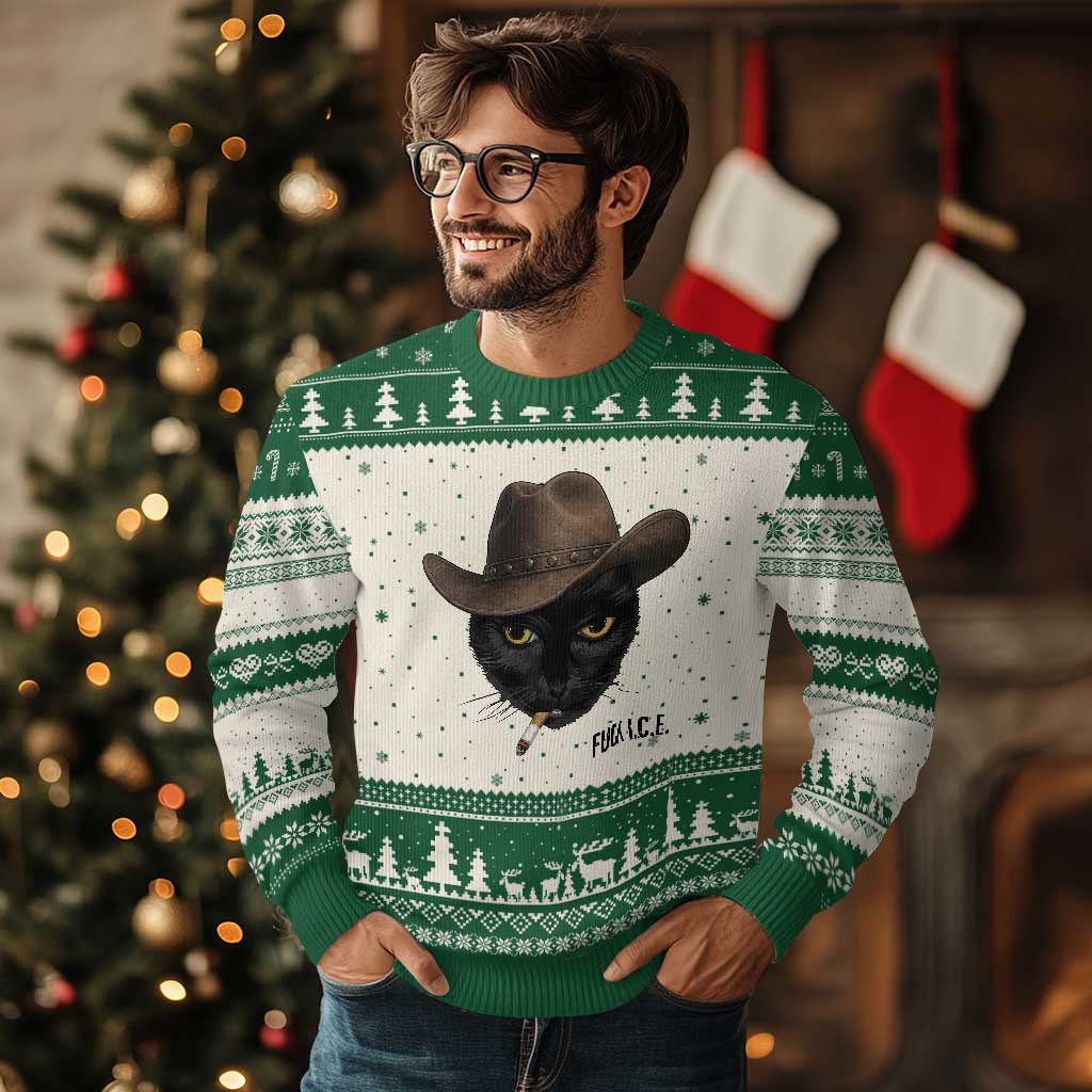 Funny Cowboy Cat Smoking Anti ICE Protest Meme Ugly Christmas Sweater