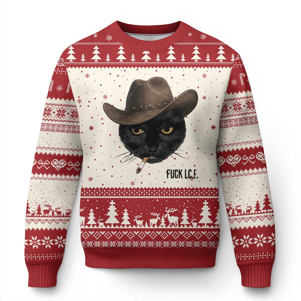 Funny Cowboy Cat Smoking Anti ICE Protest Meme Ugly Christmas Sweater