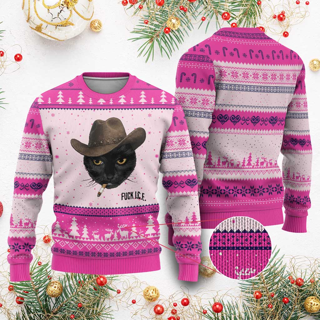 Funny Cowboy Cat Smoking Anti ICE Protest Meme Ugly Christmas Sweater