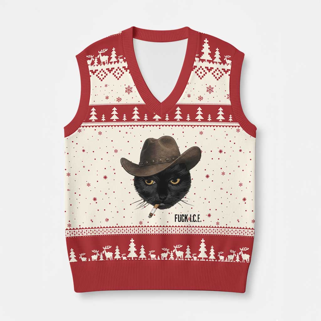Funny Cowboy Cat Smoking Anti ICE Protest Meme V-Neck Knit Sweater Vest