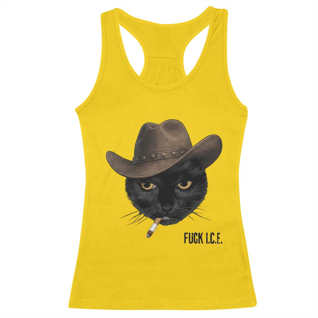 Funny Cowboy Cat Smoking Anti ICE Protest Meme Racerback Tank Top