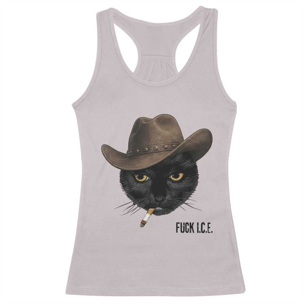 Funny Cowboy Cat Smoking Anti ICE Protest Meme Racerback Tank Top