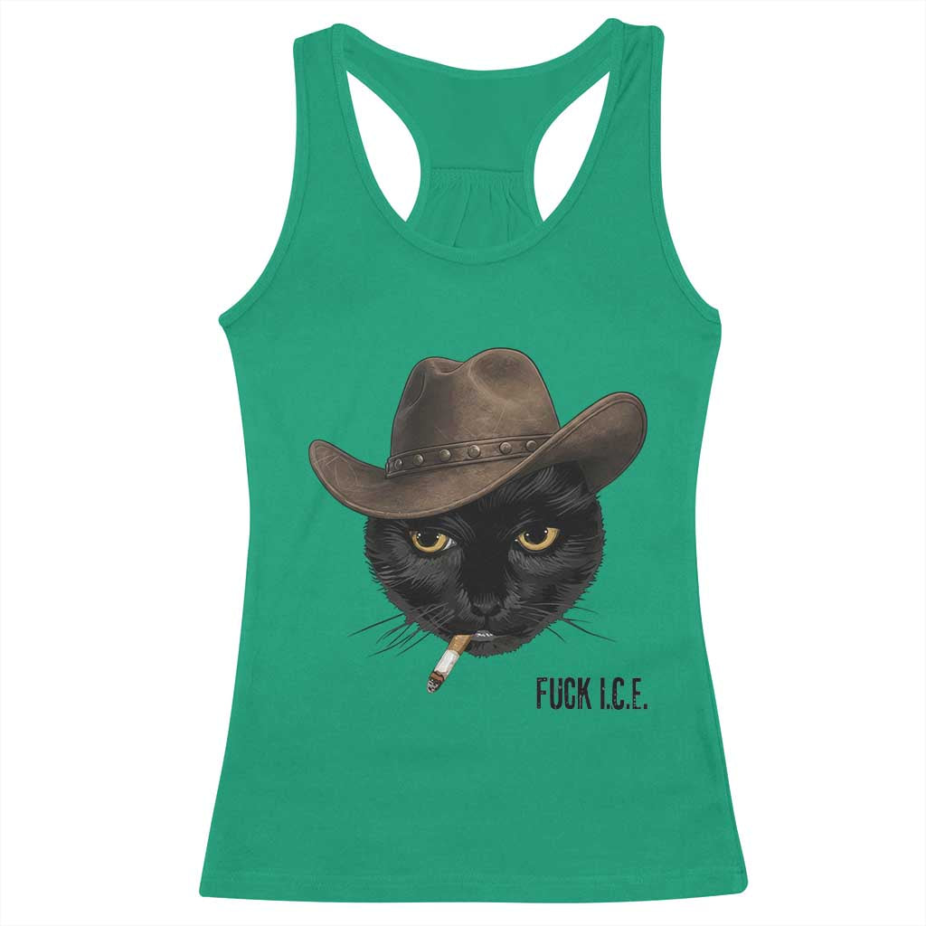 Funny Cowboy Cat Smoking Anti ICE Protest Meme Racerback Tank Top