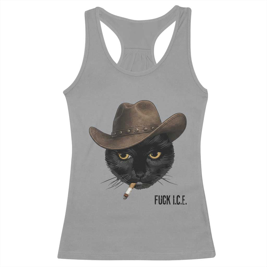 Funny Cowboy Cat Smoking Anti ICE Protest Meme Racerback Tank Top