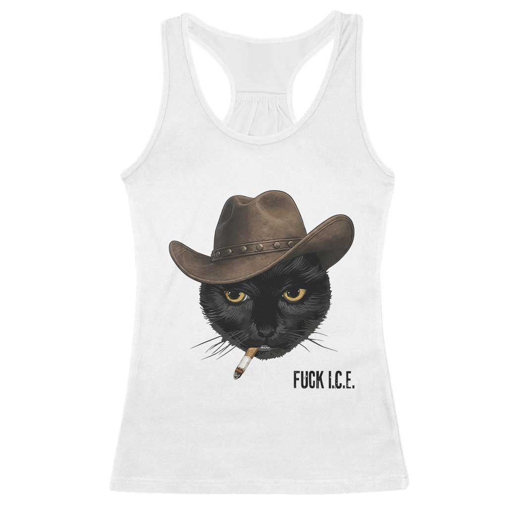 Funny Cowboy Cat Smoking Anti ICE Protest Meme Racerback Tank Top