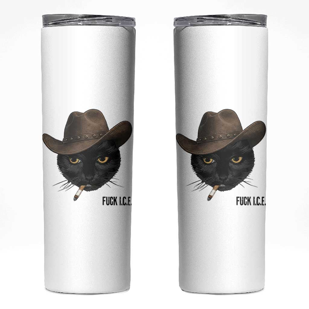 Funny Cowboy Cat Smoking Anti ICE Protest Meme Skinny Tumbler