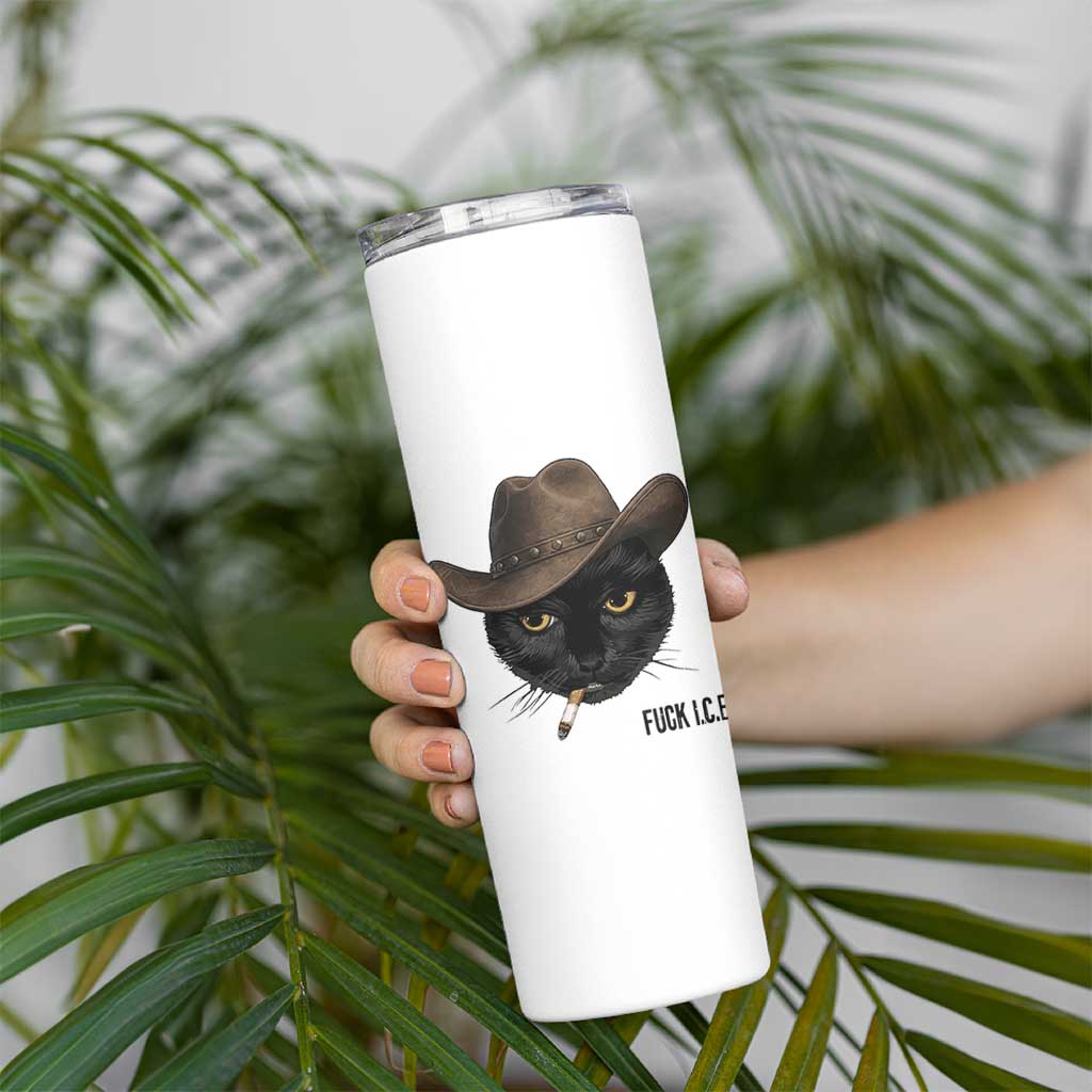 Funny Cowboy Cat Smoking Anti ICE Protest Meme Skinny Tumbler