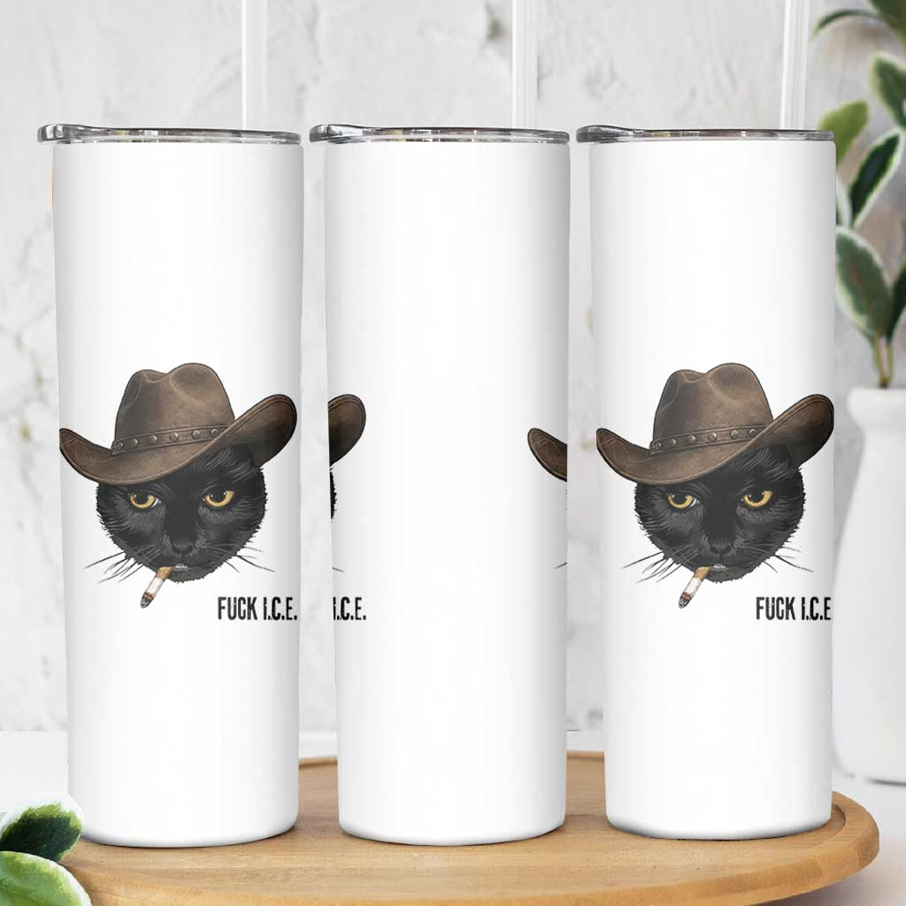 Funny Cowboy Cat Smoking Anti ICE Protest Meme Skinny Tumbler
